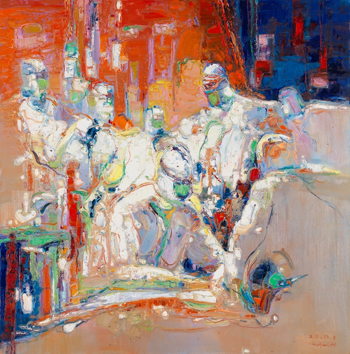 131、刘明华-何似神医胜华佗亮剑—押斩病魔 100x100cm.jpg